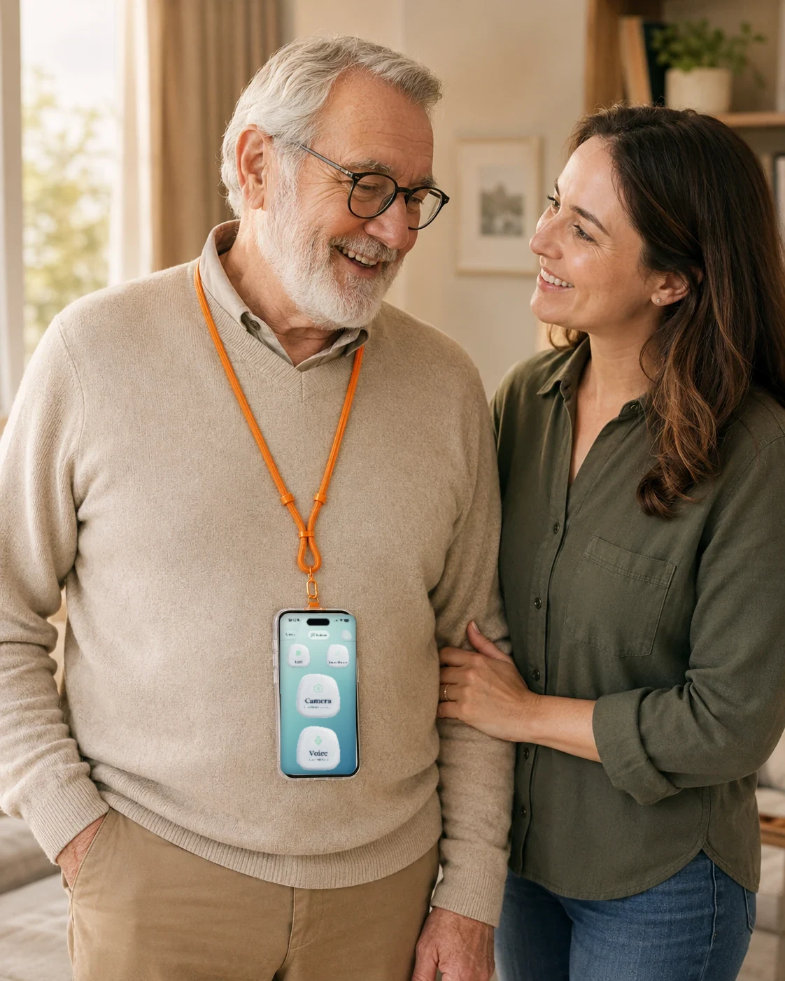 A father with his Henri phone, laughing with his adult daughter at home