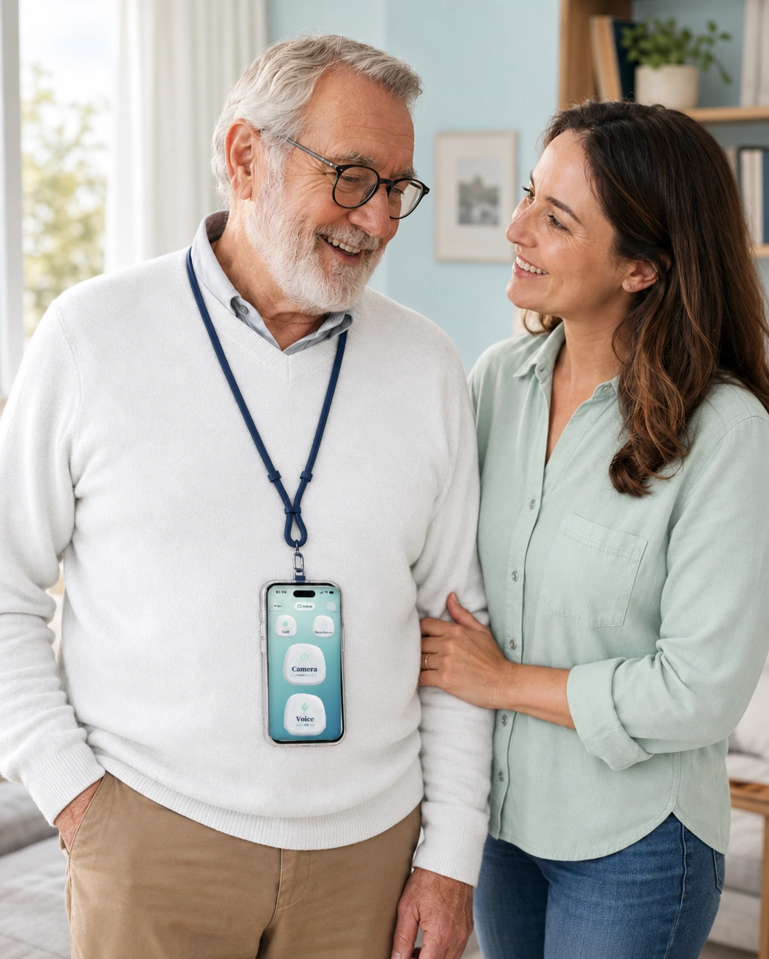 A father with his Henri phone, laughing with his adult daughter at home