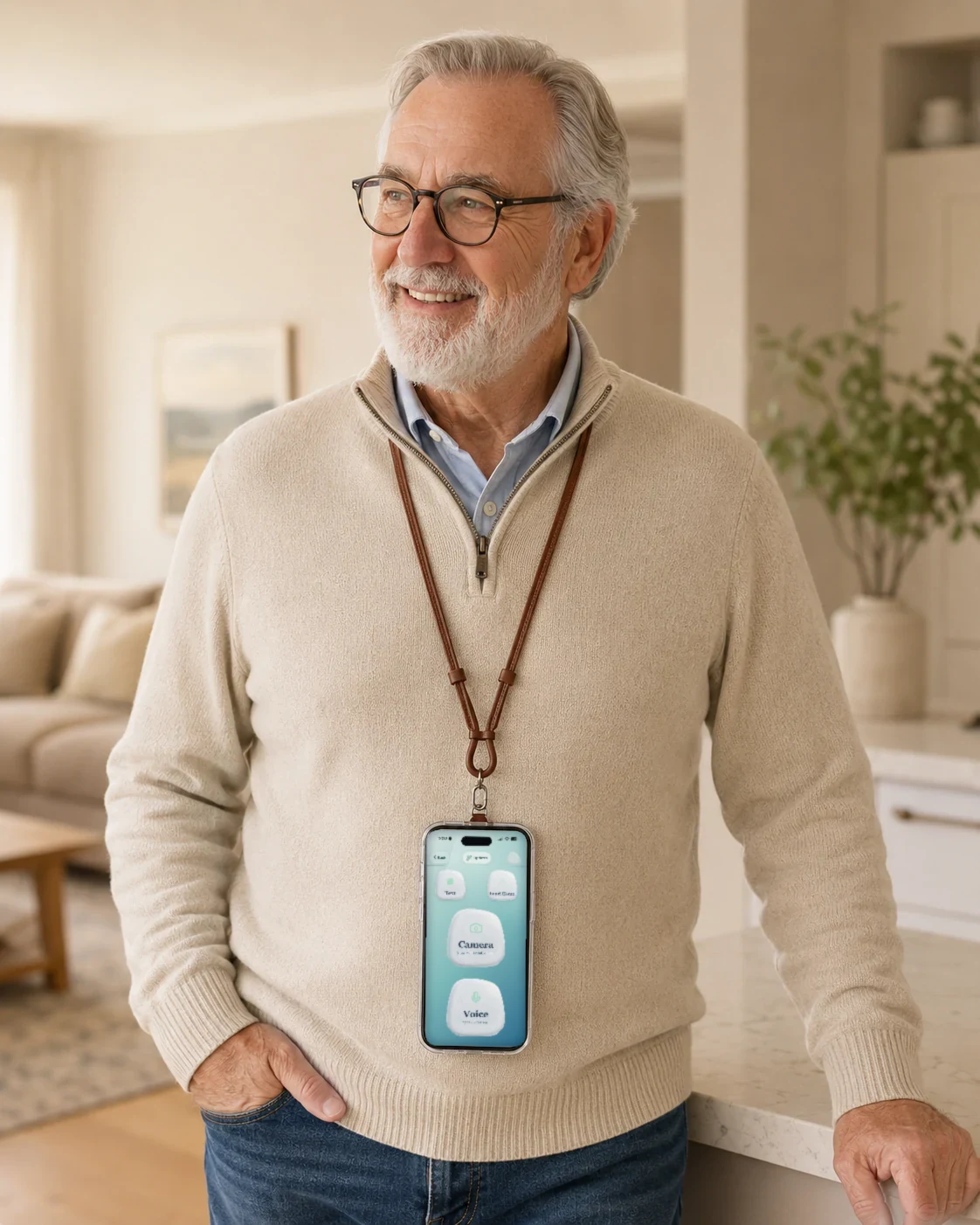 A senior man at home with his Henri phone