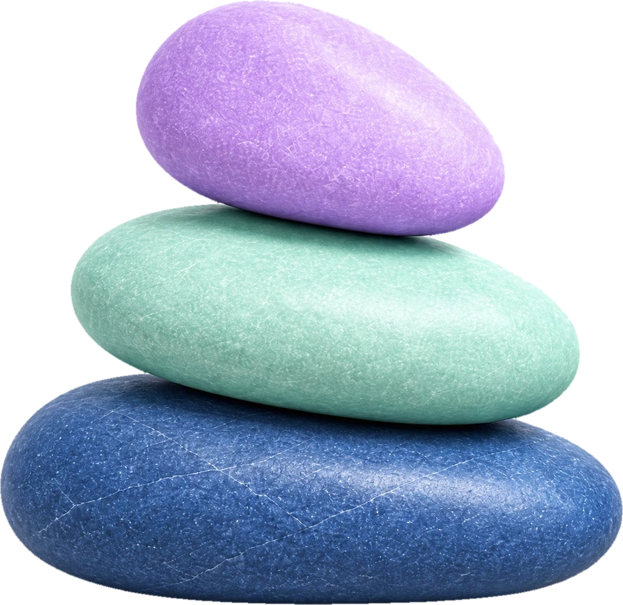 Three balanced stones in navy, mint and lavender, the Henri Helper mark