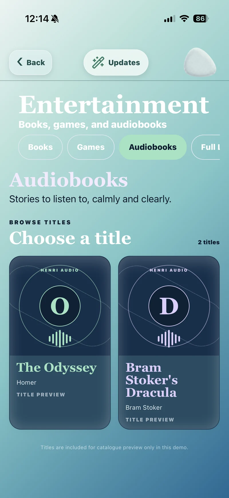 Audiobooks screen with The Odyssey and Dracula