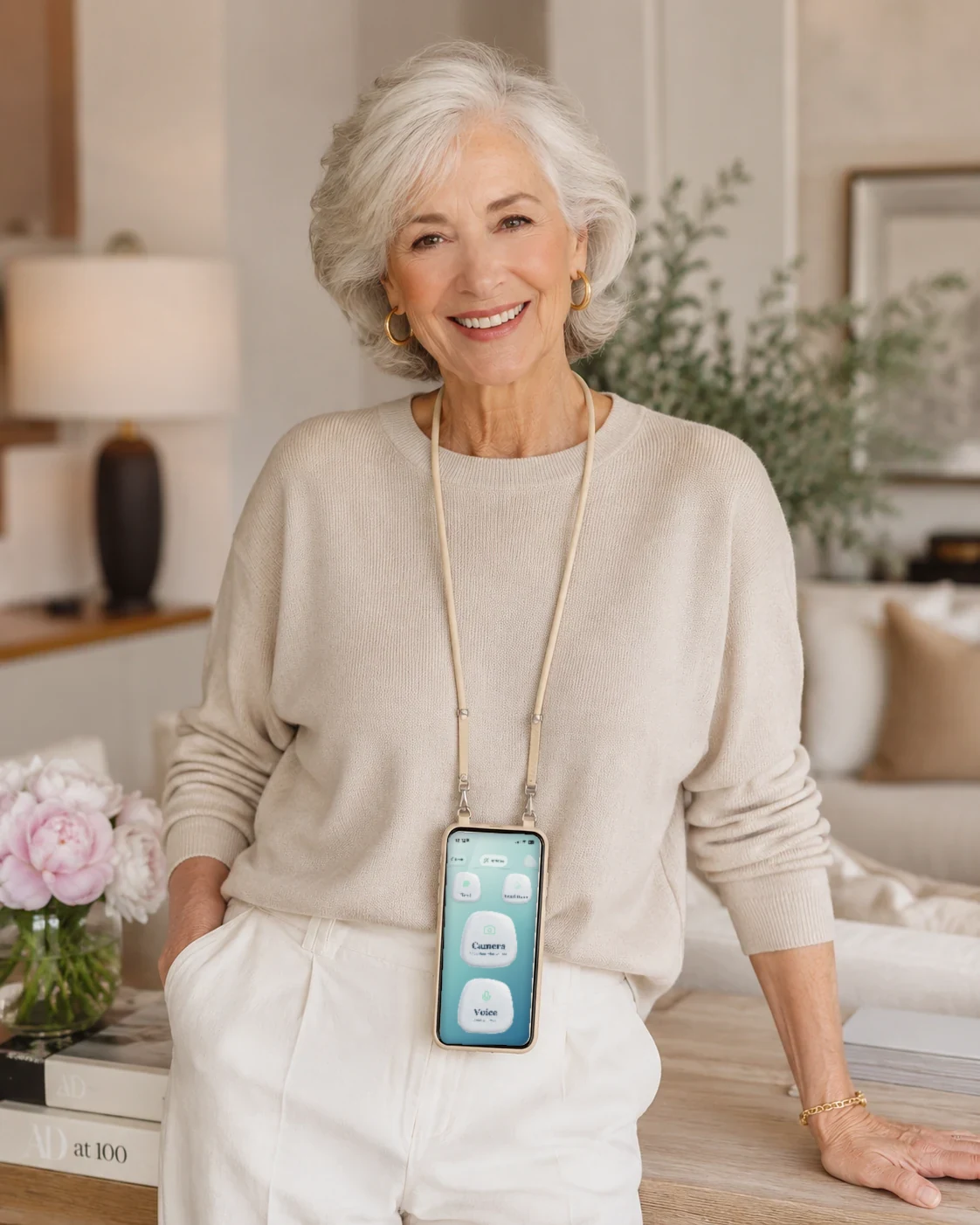 A senior woman at home with her Henri phone